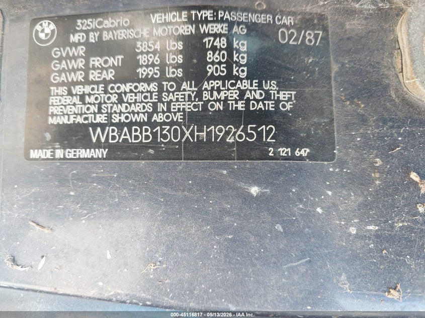 1987 BMW 3 series VIN WBABB130XH1926512 IAAI salvage auction — NORMAL WEAR, Original (Texas), sold $1,400 on 2026-08-12 (photo 9)