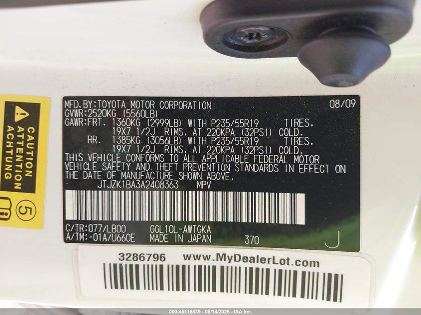 2010 Lexus Rx VIN JTJZK1BA3A2408363 IAAI salvage auction — FRONT END, Original (Texas), sold $2,600 on 2026-07-23 (photo 9)