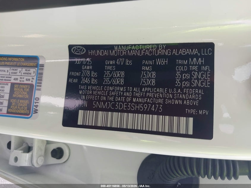 2025 Hyundai Tucson VIN 5NMJC3DE3SH597473 IAAI salvage auction — RIGHT SIDE, Salvage Title, sold $9,850 on 2026-07-22 (photo 9)