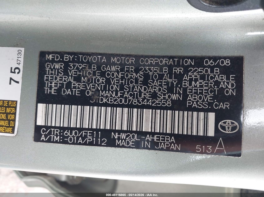 2008 Toyota Prius VIN JTDKB20U783442558 IAAI salvage auction — LEFT FRONT, Salvage (Oregon), sold $875 on 2026-07-25 (photo 9)