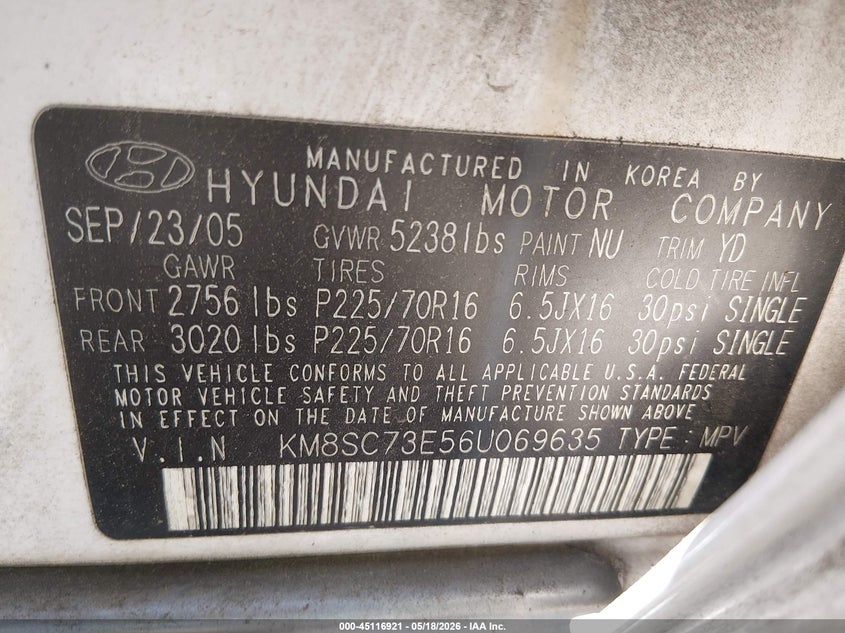 2006 Hyundai Santa fe VIN KM8SC73E56U069635 IAAI salvage auction — NORMAL WEAR, Salvage (Texas), sold $425 on 2026-07-27 (photo 9)