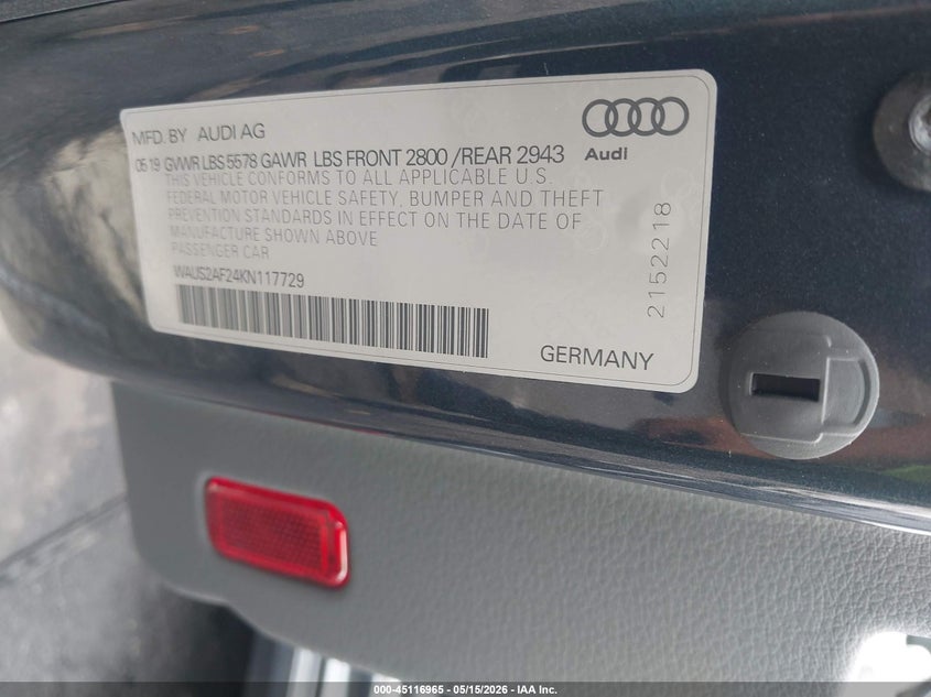 2019 Audi A7 VIN WAUS2AF24KN117729 IAAI salvage auction — REAR END, Salvage Title, sold $18,350 on 2026-08-28 (photo 9)