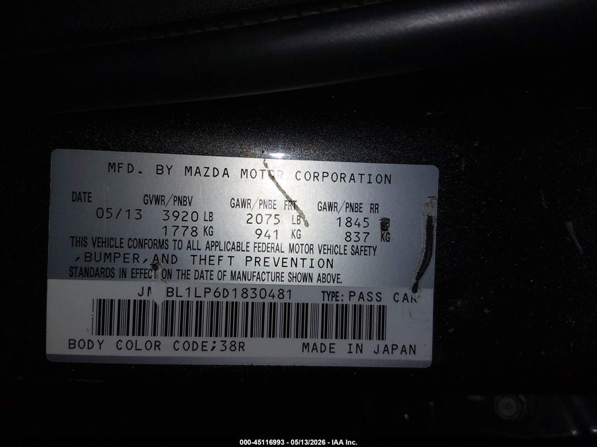2013 Mazda 3 VIN JM1BL1LP6D1830481 IAAI salvage auction — FRONT END, Salvage (Oregon), sold $575 on 2026-07-30 (photo 9)