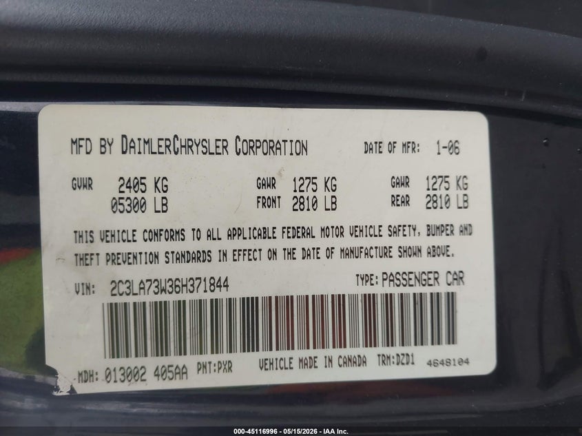 2006 Chrysler 300c VIN 2C3LA73W36H371844 IAAI salvage auction — FRONT END, Salvage (California), sold $2,150 on 2026-07-23 (photo 9)