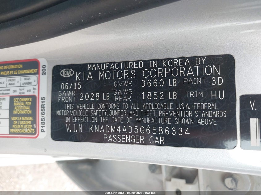 2016 Kia Rio VIN KNADM4A35G6586334 IAAI salvage auction — NORMAL WEAR, Clear (Missouri), sold $350 on 2026-07-27 (photo 9)