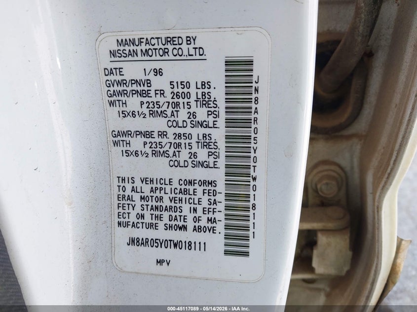 1996 Nissan Pathfinder VIN JN8AR05Y0TW018111 IAAI salvage auction — FRONT END, Salvage (Texas), sold $400 on 2026-07-07 (photo 9)
