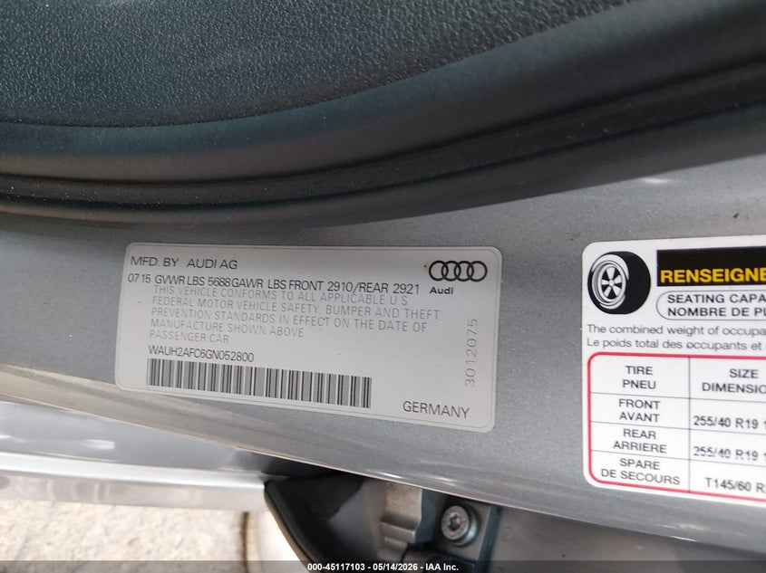 2016 Audi S6 VIN WAUH2AFC6GN052800 IAAI salvage auction — REAR END, Salvage Title, sold $11,600 on 2026-08-28 (photo 9)