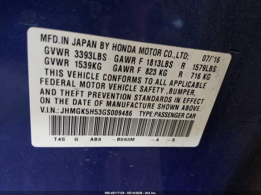 2016 Honda Fit VIN JHMGK5H53GS009486 IAAI salvage auction — FRONT END, Salvage (Arizona), sold $2,800 on 2026-07-28 (photo 9)