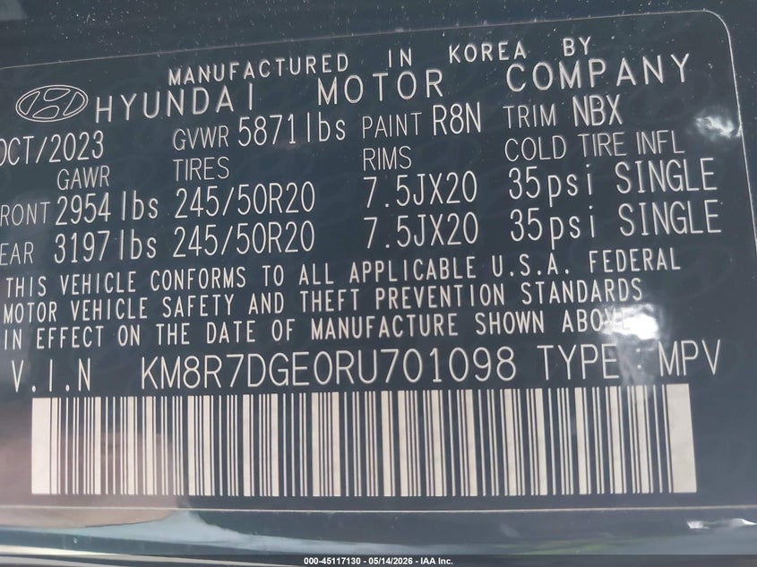 2024 Hyundai Palisade VIN KM8R7DGE0RU701098 IAAI salvage auction — FRONT END, Salvage (California), sold $6,400 on 2026-07-22 (photo 9)