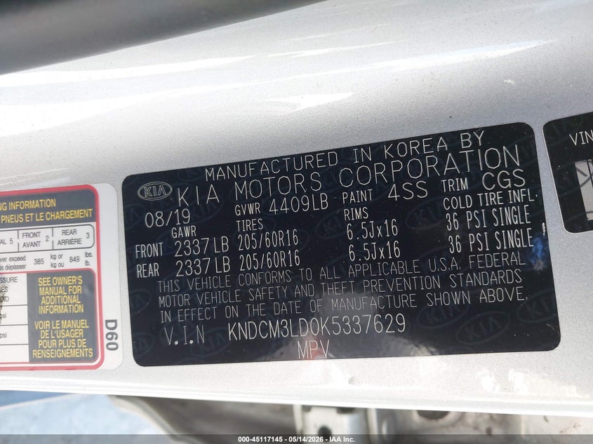 2019 Kia Niro VIN KNDCM3LD0K5337629 IAAI salvage auction — UNDERCARRIAGE, Salvage (California), sold $3,800 on 2026-07-20 (photo 9)