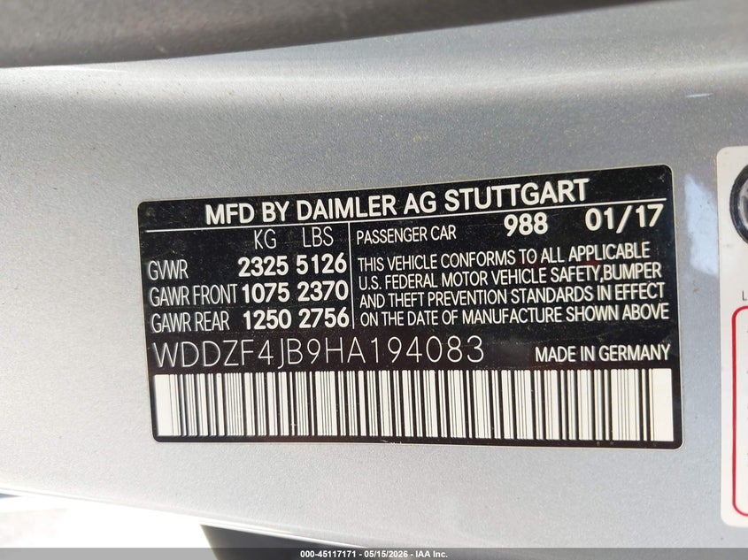 2017 Mercedes-benz E-klasse VIN WDDZF4JB9HA194083 IAAI salvage auction — FRONT END, Salvage (Texas), sold $2,650 on 2026-07-29 (photo 9)