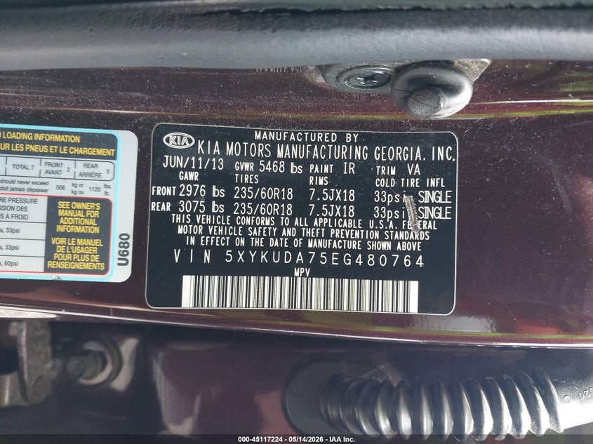 2014 Kia Sorento VIN 5XYKUDA75EG480764 IAAI salvage auction — REAR END, Bill Of Sale (Washington), sold $1,300 on 2026-07-22 (photo 9)