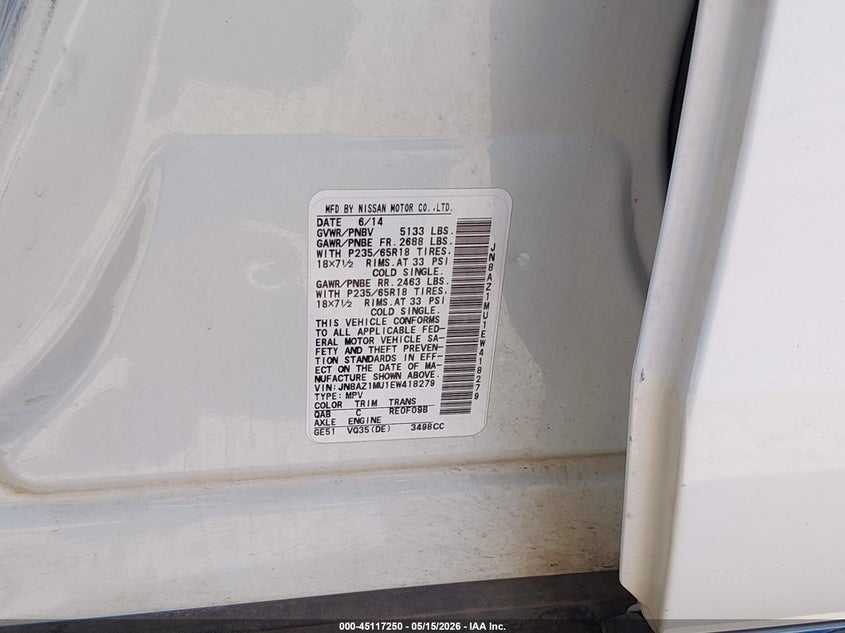 2014 Nissan Murano VIN JN8AZ1MU1EW418279 IAAI salvage auction — RIGHT FRONT, Salvage (New Mexico), sold $650 on 2026-07-29 (photo 9)