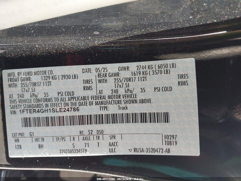 2025 Ford Ranger VIN 1FTER4GH1SLE24786 IAAI salvage auction — FRONT & REAR, Original (Texas), sold $8,300 on 2026-07-28 (photo 9)
