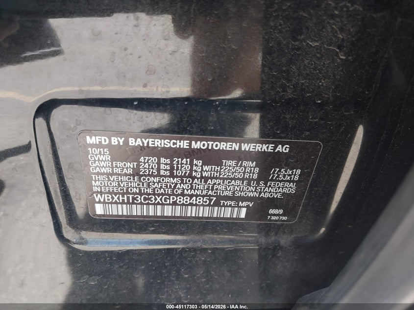 2016 BMW X1 VIN WBXHT3C3XGP884857 IAAI salvage auction — FRONT END, Salvage (Utah), sold $1,500 on 2026-07-30 (photo 9)