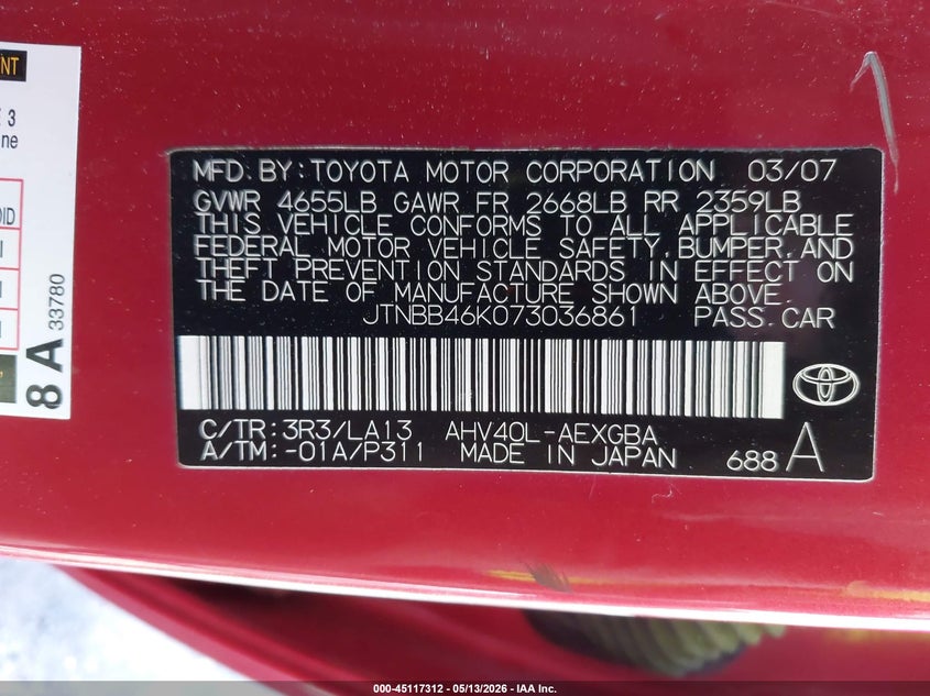 2007 Toyota Camry hybrid VIN JTNBB46K073036861 IAAI salvage auction — NORMAL WEAR, Clear (Idaho), sold $525 on 2026-07-17 (photo 9)