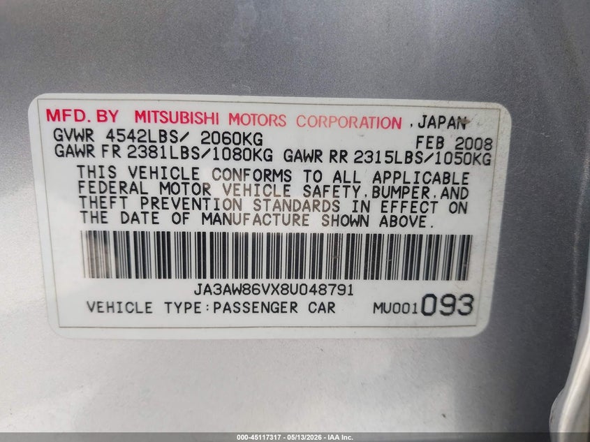 2008 Mitsubishi Lancer evolution VIN JA3AW86VX8U048791 IAAI salvage auction — THEFT, Non-Repairable (California), sold $1,150 on 2026-07-29 (photo 9)