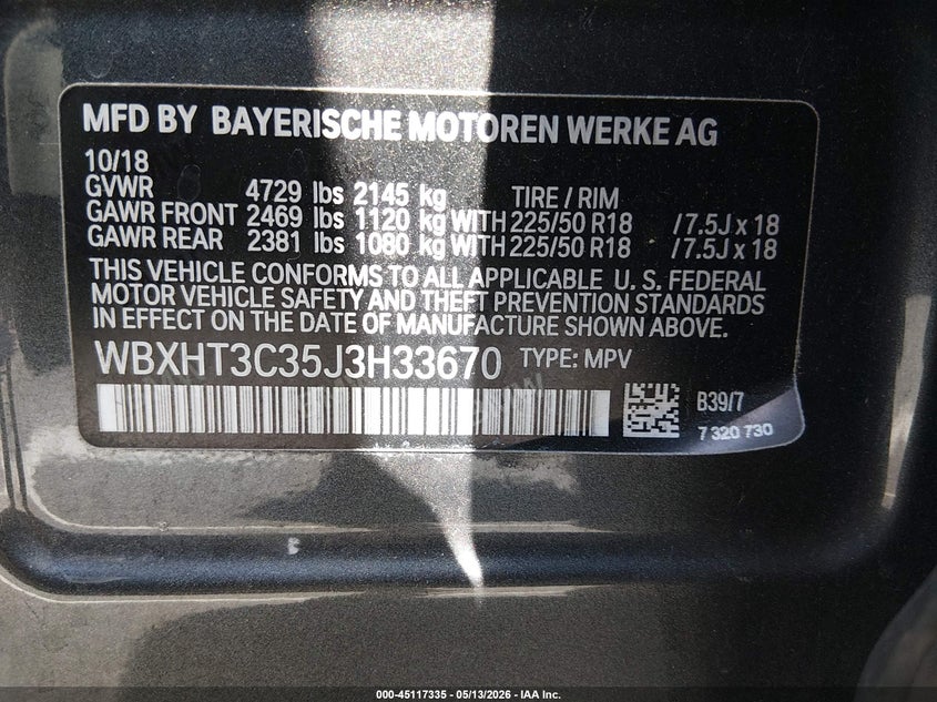 2018 BMW X1 VIN WBXHT3C35J3H33670 IAAI salvage auction — FRONT END, Salvage (Nevada), sold $3,000 on 2026-07-17 (photo 9)