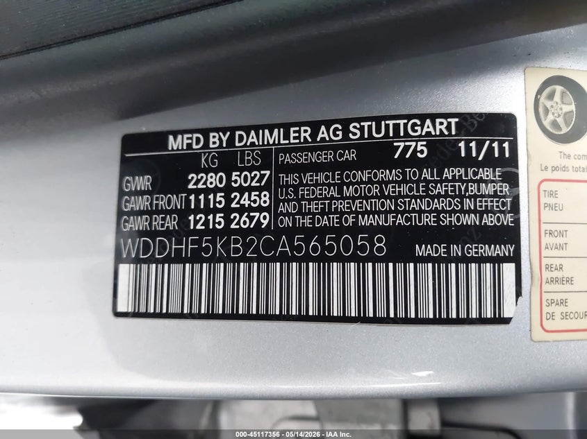 2012 Mercedes-benz E-klasse VIN WDDHF5KB2CA565058 IAAI salvage auction — NORMAL WEAR, Salvage (California), sold $1,200 on 2026-07-30 (photo 9)