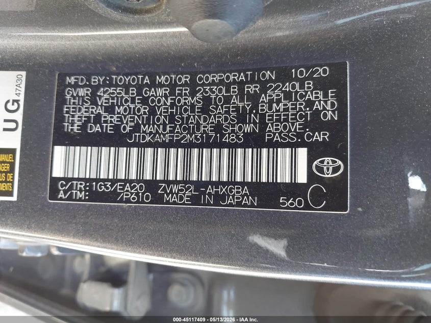 2021 Toyota Prius prime VIN JTDKAMFP2M3171483 IAAI salvage auction — FRONT & REAR, Salvage (California), sold $3,700 on 2026-07-15 (photo 9)