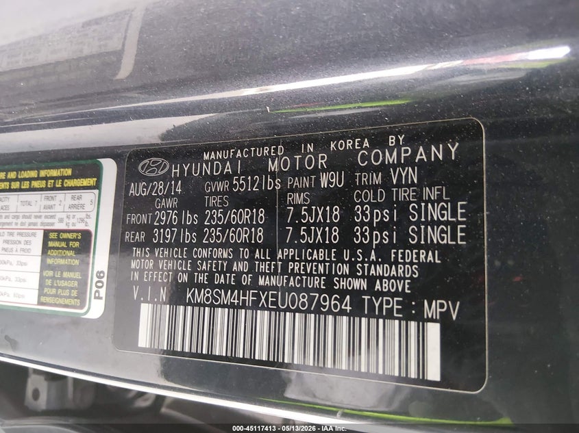 2014 Hyundai Santa fe VIN KM8SM4HFXEU087964 IAAI salvage auction — FRONT END, Salvage (Tennessee), sold $350 on 2026-07-08 (photo 9)