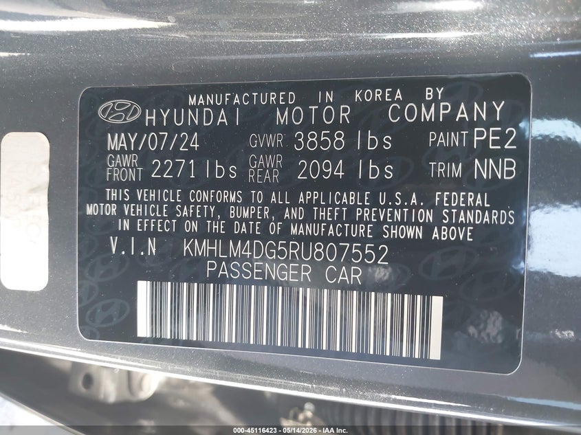 2024 Hyundai Elantra VIN KMHLM4DG5RU807552 IAAI salvage auction — REAR END, Salvage (California), sold $3,650 on 2026-07-14 (photo 9)