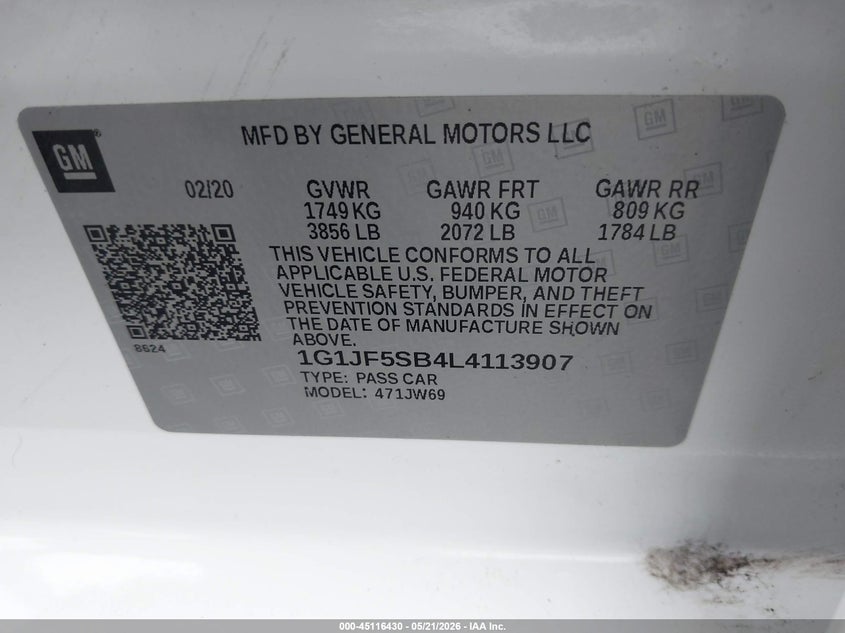 2020 Chevrolet SONIC VIN 1G1JF5SB4L4113907 IAAI salvage auction — LEFT & RIGHT, Salvage Title, sold $2,700 on 2026-08-02 (photo 9)