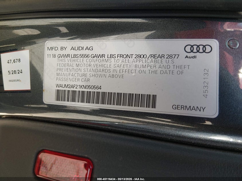 2019 Audi A6 VIN WAUM2AF21KN050564 IAAI salvage auction — FRONT END, Salvage Title, sold $8,075 on 2026-07-22 (photo 9)