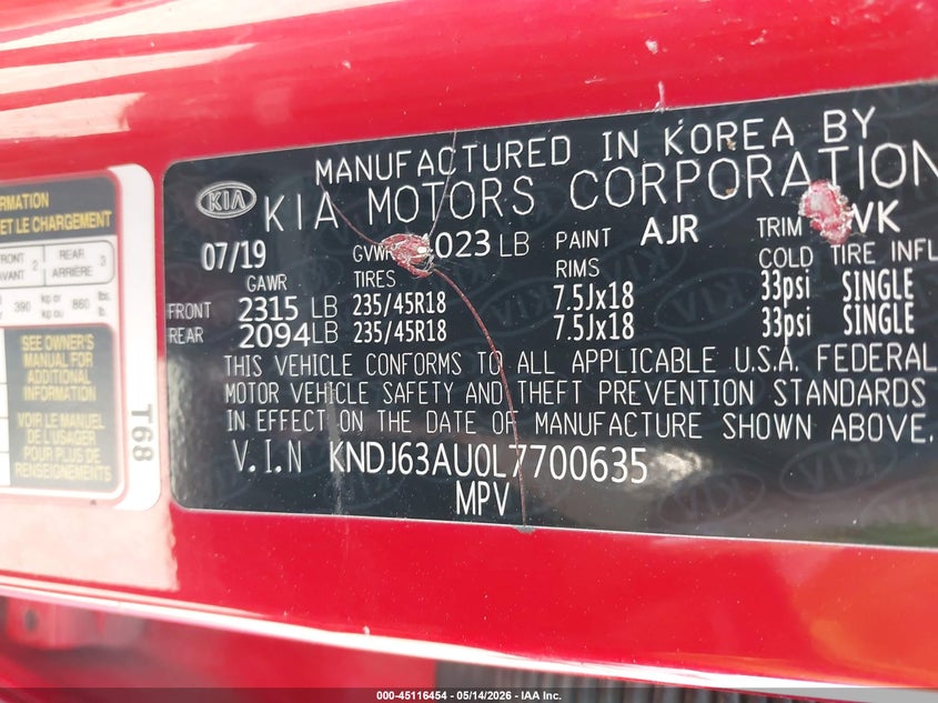 2020 Kia Soul VIN KNDJ63AU0L7700635 IAAI salvage auction — FRONT & REAR, Salvage (Louisiana), sold $500 on 2026-07-21 (photo 9)