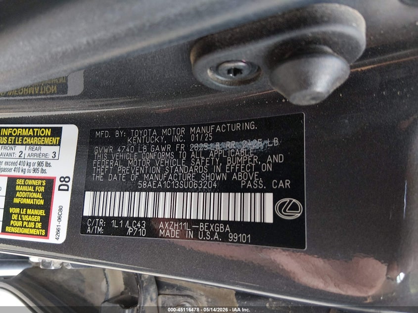 2025 Lexus ES VIN 58AEA1C13SU063204 IAAI salvage auction — FRONT END, Salvage (Colorado), sold $12,100 on 2026-07-29 (photo 9)