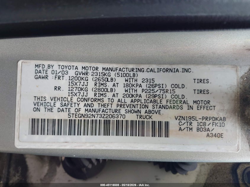 2003 Toyota Tacoma VIN 5TEGN92N73Z206370 IAAI salvage auction — FRONT & REAR, Clear (Hawaii), sold $11,050 on 2026-07-07 (photo 9)
