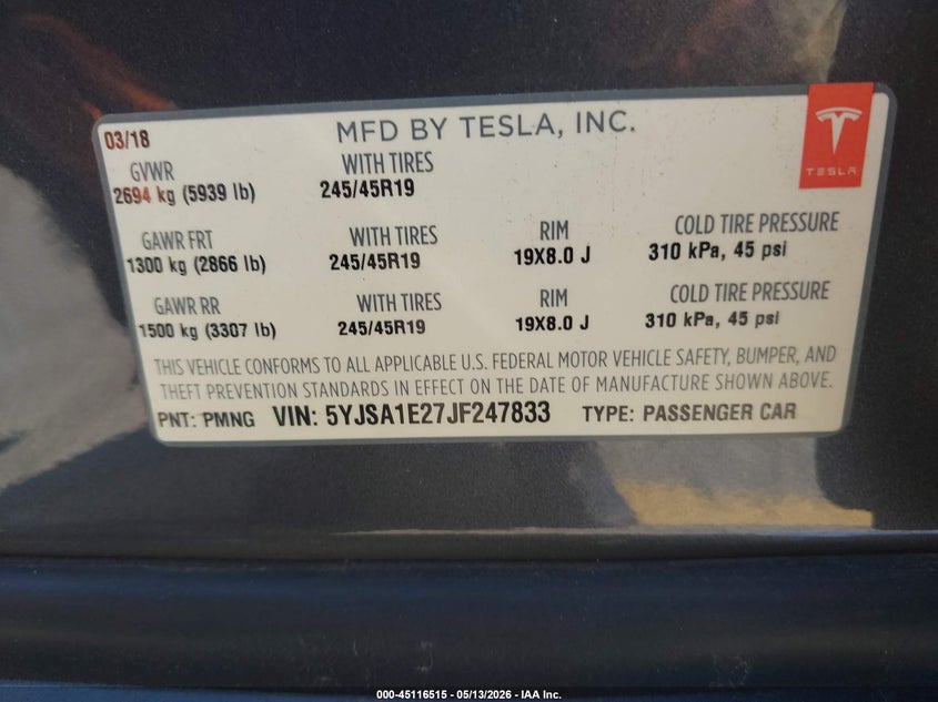 2018 Tesla Model s VIN 5YJSA1E27JF247833 IAAI salvage auction — SIDE, Salvage (California), sold $7,200 on 2026-07-16 (photo 9)