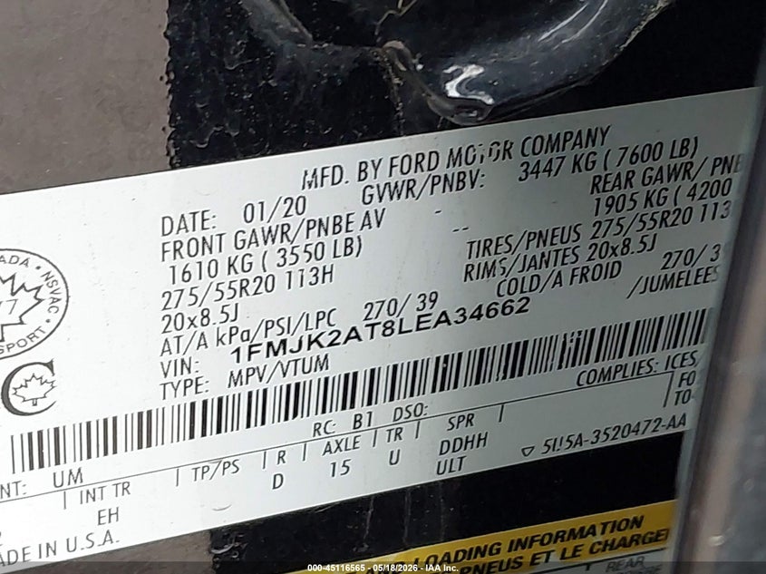 2020 Ford Expedition VIN 1FMJK2AT8LEA34662 IAAI salvage auction — RIGHT FRONT, Original (Texas), sold $8,100 on 2026-07-28 (photo 9)