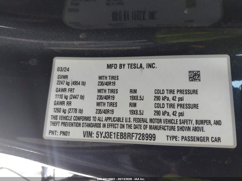 2024 Tesla Model 3 VIN 5YJ3E1EB8RF728999 IAAI salvage auction — FRONT END, Salvage (California), sold $13,650 on 2026-07-09 (photo 9)