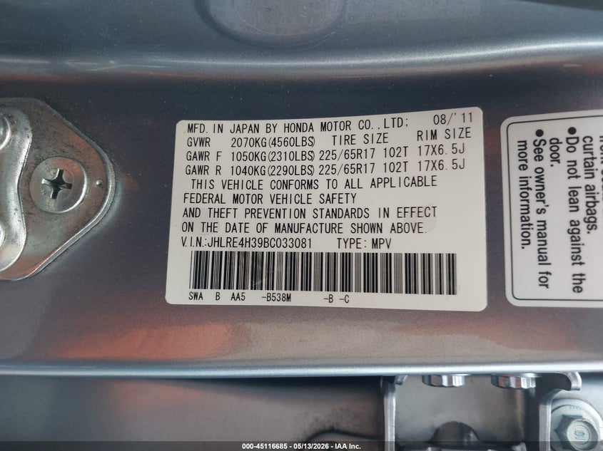 2011 Honda Cr-v VIN JHLRE4H39BC033081 IAAI salvage auction — FRONT END, Salvage (Oregon), sold $525 on 2026-07-30 (photo 9)