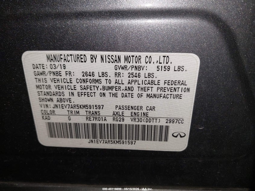 2019 Infiniti Q50 VIN JN1EV7AR5KM591597 IAAI salvage auction — FRONT END, Mv-907A (New York), sold $3,075 on 2026-07-07 (photo 9)
