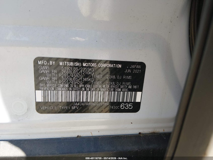 2022 Mitsubishi Outlander VIN JA4J4TA88NZ020184 IAAI salvage auction — FRONT END, Salvage (Illinois), sold $7,500 on 2026-07-15 (photo 9)