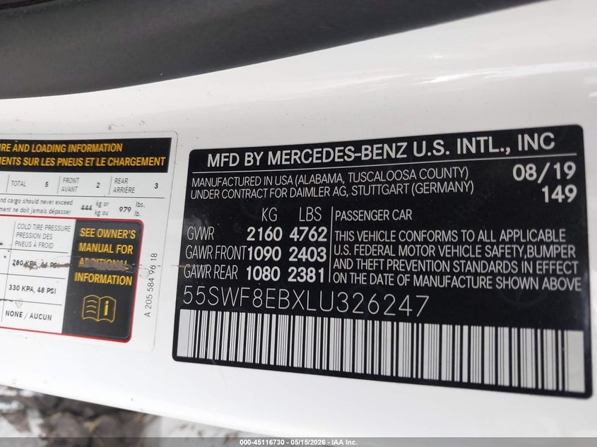 2020 Mercedes-benz C-klasse VIN 55SWF8EBXLU326247 IAAI salvage auction — WATER/FLOOD, Salvage (Texas), sold $4,950 on 2026-07-24 (photo 9)