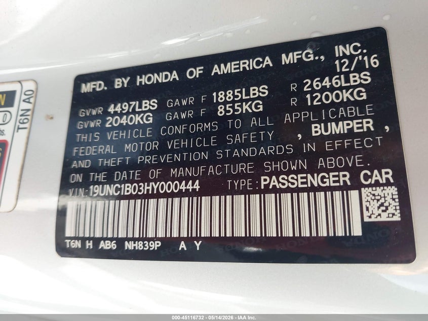 2017 Acura Nsx VIN 19UNC1B03HY000444 IAAI salvage auction — RIGHT FRONT, Rebuildable (Florida), sold $10,200 on 2026-07-23 (photo 9)