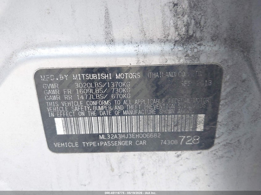 2014 Mitsubishi Mirage VIN ML32A3HJ3EH006682 IAAI salvage auction — NORMAL WEAR, Clear (Maryland), sold $400 on 2026-07-30 (photo 9)
