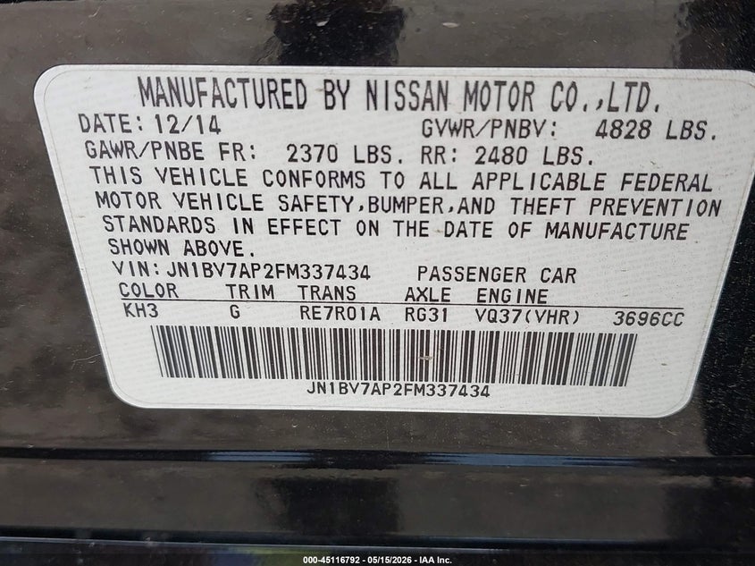2015 Infiniti Q50 VIN JN1BV7AP2FM337434 IAAI salvage auction — LEFT REAR, Original (Texas), sold $1,050 on 2026-07-22 (photo 9)