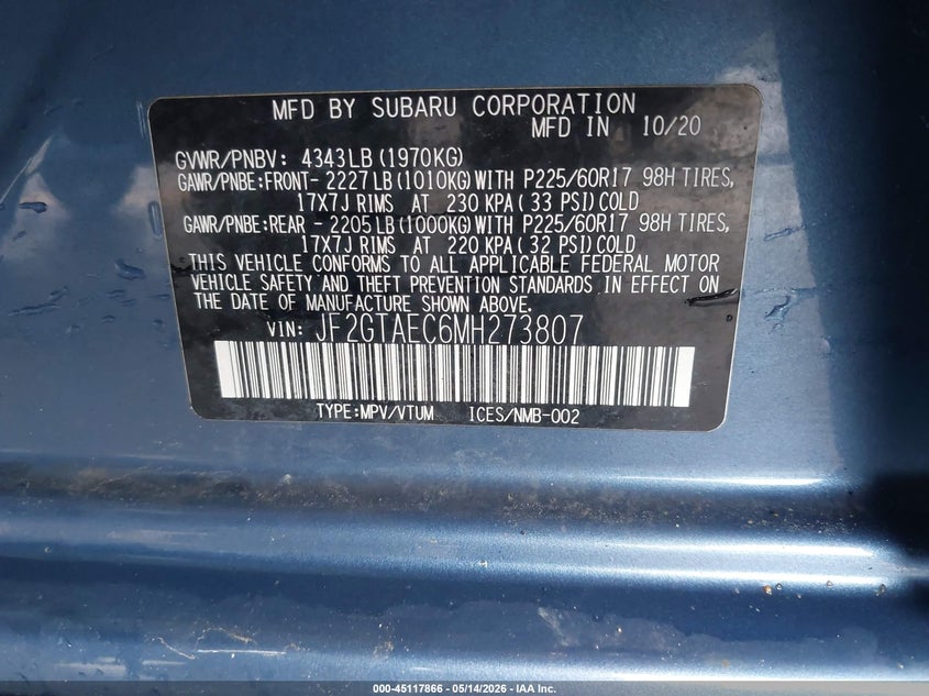 2021 Subaru Xv VIN JF2GTAEC6MH273807 IAAI salvage auction — FRONT END, Salvage (Connecticut), sold $2,550 on 2026-07-09 (photo 9)