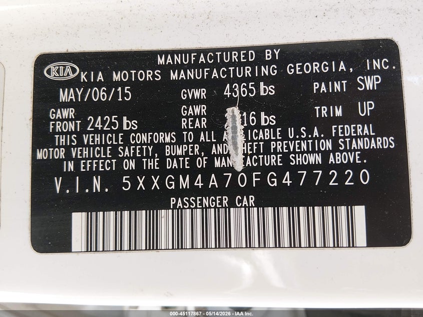 2015 Kia Optima VIN 5XXGM4A70FG477220 IAAI salvage auction — LEFT SIDE, Salvage (Ohio), sold $925 on 2026-07-15 (photo 9)