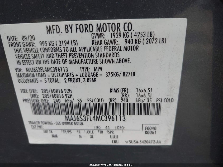 2021 Ford Ecosport VIN MAJ6S3FL4MC396113 IAAI salvage auction — FRONT END, Salvage - Greater Than 75% (Maryland), sold $1,300 on 2026-07-21 (photo 9)
