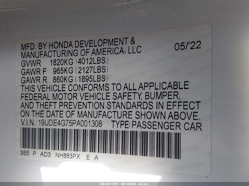 2023 Acura Integra VIN 19UDE4G75PA001308 IAAI salvage auction — FRONT END, Mv-907A (New York), sold $5,600 on 2026-07-09 (photo 9)