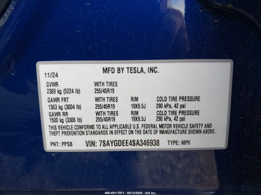 2025 Tesla Model y VIN 7SAYGDEE4SA346938 IAAI salvage auction — SIDE, Salvage (South Carolina), sold $7,500 on 2026-07-09 (photo 9)