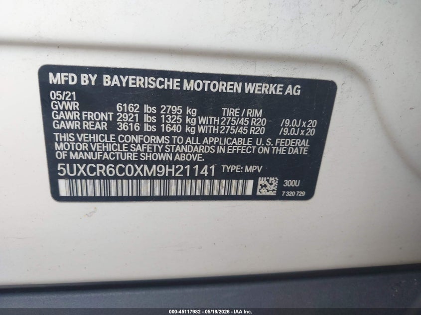 2021 BMW X5 VIN 5UXCR6C0XM9H21141 IAAI salvage auction — RIGHT SIDE, Mv-907A (New York), sold $13,700 on 2026-07-28 (photo 9)