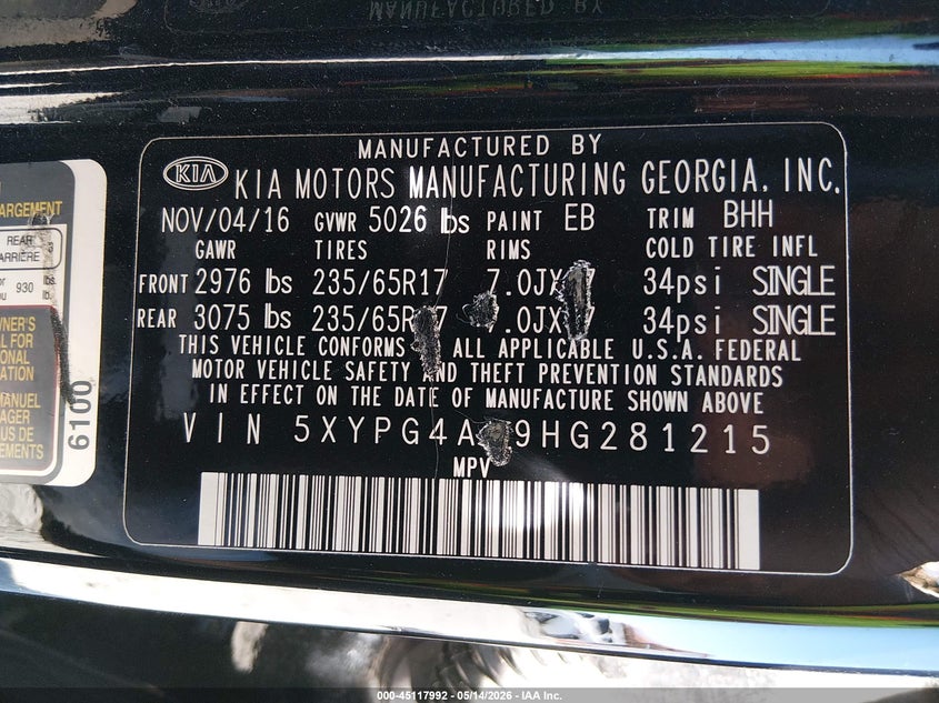 2017 Kia Sorento VIN 5XYPG4A39HG281215 IAAI salvage auction — FRONT END, Salvage (Illinois), sold $1,700 on 2026-07-31 (photo 9)