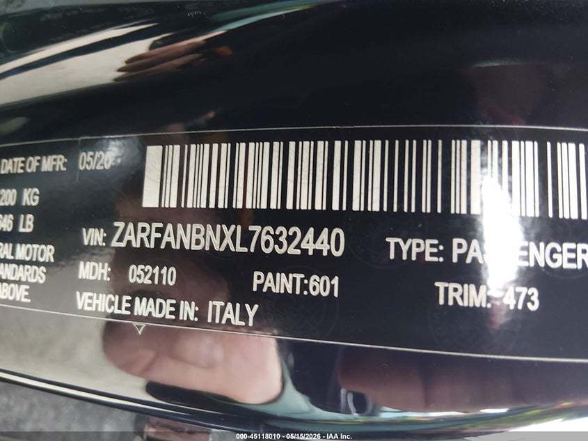2020 Alfa romeo Giulia VIN ZARFANBNXL7632440 IAAI salvage auction — HAIL, Salvage (Ohio), sold $9,250 on 2026-07-21 (photo 9)