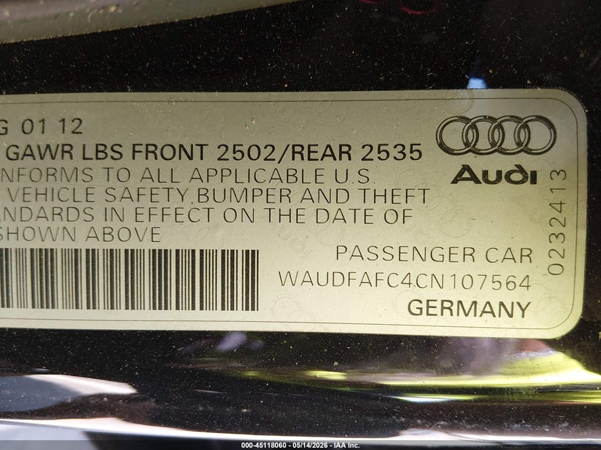 2012 Audi A6 VIN WAUDFAFC4CN107564 IAAI salvage auction — ROLLOVER, Junk Receipt (North Carolina), sold $400 on 2026-07-15 (photo 9)